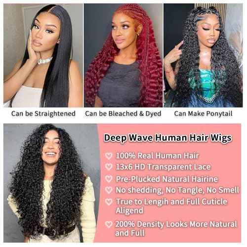 13x6 Deep Wave Lace Front Wigs Human Hair 26 Inch 200 Density HD Lace Frontal Glueless Wigs Human Hair Pre Plucked Deep Curly Wig with Baby Hair Natural Black