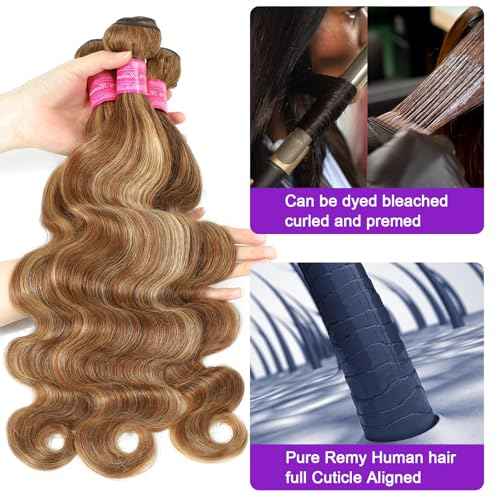 Vallbest Ombre Human Hair Bundles with Closure 16 18 20 +14 Inch Highlight Bundles Human Hair 4/27 Brown Body Wave Blonde Bundles with 4x4 Closure 12A Brazilian Virgin Remy Weave Raw Hair Extensions