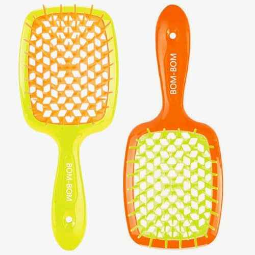 BOM BOM 2 Unit Kit, Wet And Dry Vented Detangling Hair Brush For All Hair Types, Light Weight Hairbrush, Scalp Massage Brush (Orange yellow)