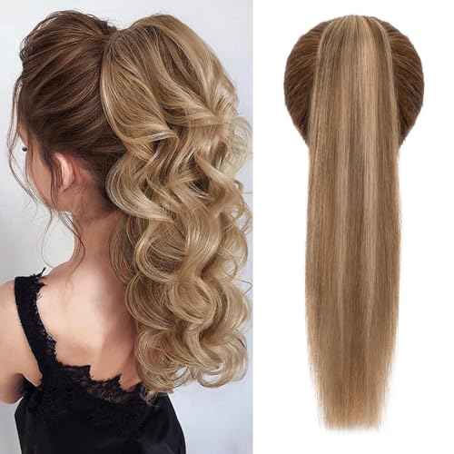 Ponytail Extension, 20 Inch Claw Clip Ponytail Extension Human Hair Long Straight Jaw Clip in Real Hair Pony Tails Hairpieces for Women Medium Brown & Dark Blonde