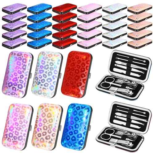 30 Sets Bulk Gifts for Women Manicure Set Bulk Professional Nail Care Kit Nail Clippers Kit 8 in 1 Stainless Steel Pedicure Set with Travel Case for Women Men(Laser Leopard Print)