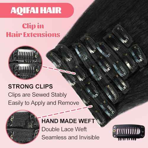 Kinky Straight Clip ins 18 Inch Clip in Hair Extensions Real Human Hair Yaki Straight Clip ins for Black Women Full Head Brazilian Remy Hair Extensions Double Weft 8Pcs 100g 20 Clips