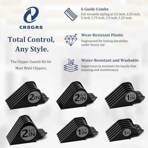 Clipper Guards Set 10 12 14 16 18 20 Compatible with Wahl Clippers, 6pcs Extra Long Clipper Guides Replacement - 2.5", 2.25", 2", 1.75", 1.5", 1.25" Hair Guard Clipper, Black Clipper Guards for Wahl