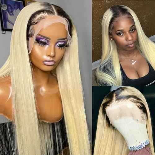 Licoville Ombre Blonde Lace Front Wig Human Hair, 1B/613 13x4 Lace Front Wig Human Hair Pre Plucked, 22 Inch Blonde Dark Roots Wig Human Hair HD Lace Straight Glueless
