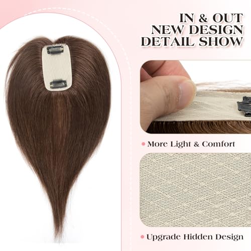 isheeny Human Hair Topper for Women 10Inch Real Human Hair Toppers For Changing Your Look, Dark Brown #2 Natural Hair Pieces for Women With Artificial Base & 2 Secure Clips