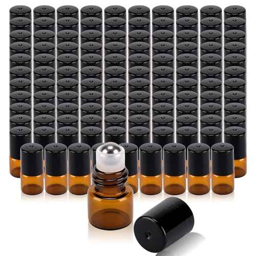 120 pack 1ml Amber Glass Roller Bottles for Essential Oils Refillable Roll-on Applicator with Stainless Steel Roller Balls Mini Leak-proof Makeup Containers with Pipettes and Bottle Opener