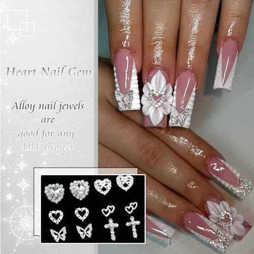 42PCS Silver Nail Charms Crystal Heart Nail Charms 3D Alloy Cross Nail Charms Metal Butterfly Charms Nail Gems Rhinestones for Women Nail Art and DIY Crafts, Small
