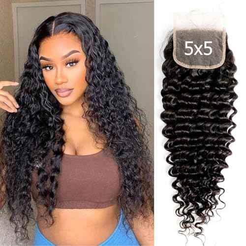 Closure Human Hair 5x5 HD Lace Closure Human Hair Clsoure Deep Wave Transparent HD 5x5 Lace Closure Deep Curly Closure Raw Virgin Human Hair Pre Plucked Natural Black 1B Color 22 Inch