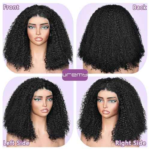 Afro Kinky Curly Wig Human Hair, 13x4 Lace Front Curly Afro Glueless Wigs 180 Density, Pre Plucked Transparent Lace Frontal, Brazilian Human Hair Bob Wig for Women, Natural Black 18 Inch