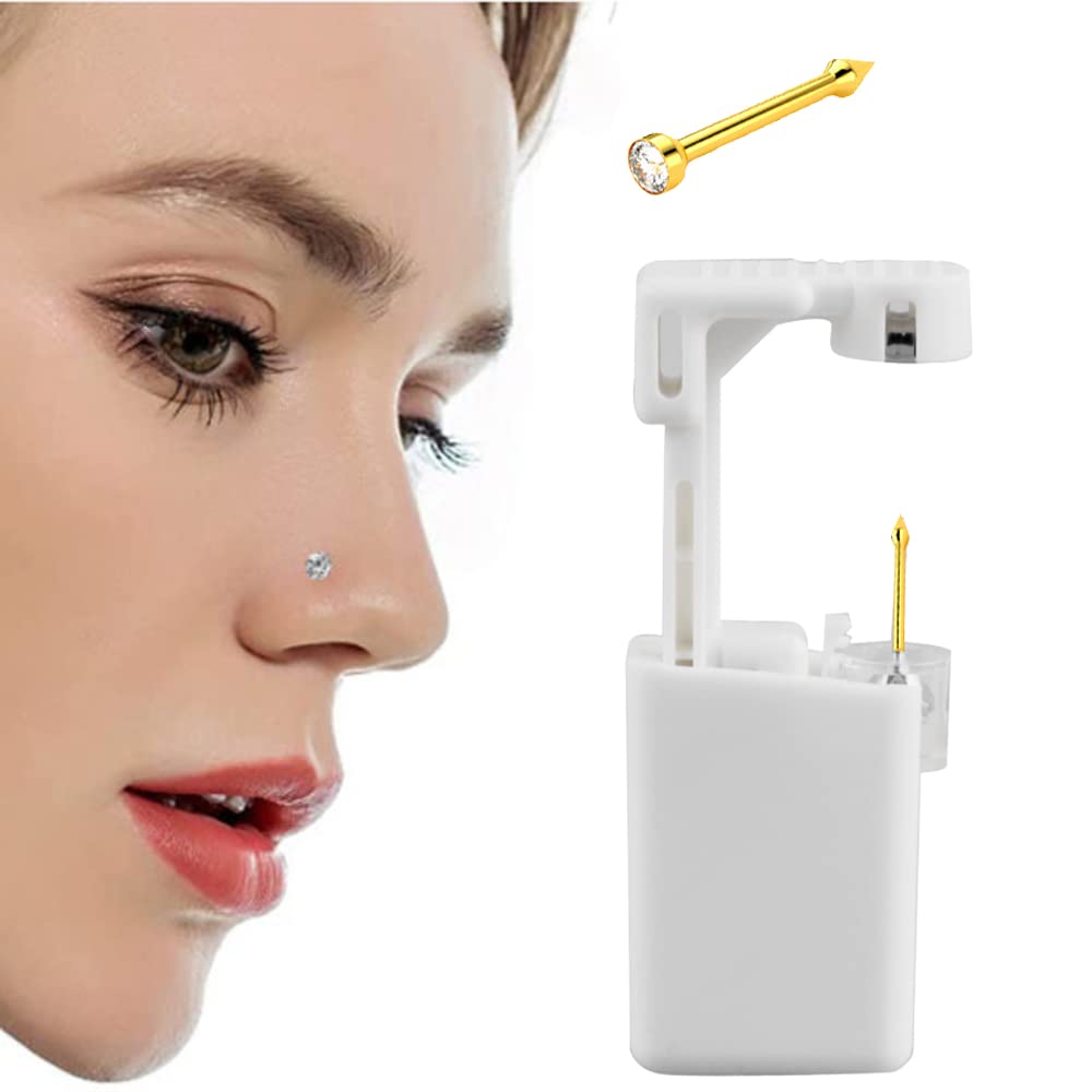 Self NOSE Piercing Gun Kits inside Yellow Gold Piercing Rings Disposable Safety 1/100 With Moment Tool With Ring Stud Pierce Kit GP201 (1 Pack)