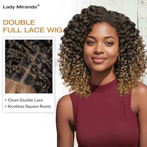 Lady Miranda Double Full Lace GoGo Curl Braided Wigs for Black Women Synthetic Lace Front Wigs Natural Knotless Curly Braided Wig with Baby Hair(1B/27, 12 Inch)