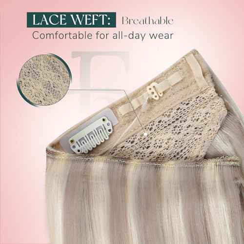 Easyouth Wire Hair Extensions Blonde Highlight Hair Extensions Wire Human Hair Ash Blonde Highlighted Blond Fish Line Hair Extension Long Straight Hair 20 Inch 100g Invisible Headband Hair Extension