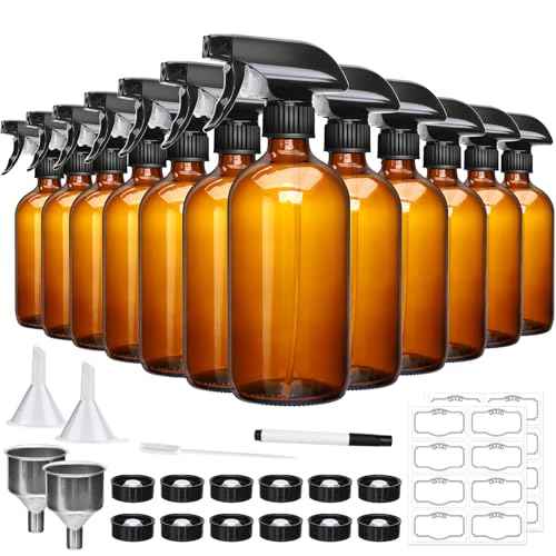 16oz Amber Glass Spray Bottles,Glass Spray Bottles for Cleaning,spray Bottle for Hair,Amber glass Spray Bottle for Window cleaner, plants, aromatherapy, facial hydration, hair care, flowers 12pcs