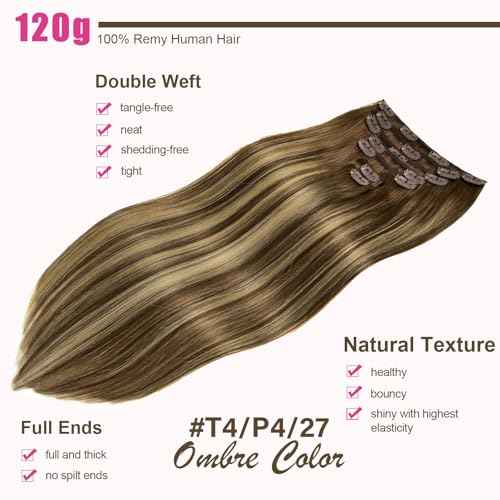 Clip in Hair Extensions Real Human Hair, 120g 7pcs Human Hair Extension Clips, 22 Inch Chocolate Brown to Caramel Blonde #4/27/4 Human Hair Clip in Extensions, Double Weft Clip in Human Hair Extensions Straight Hair