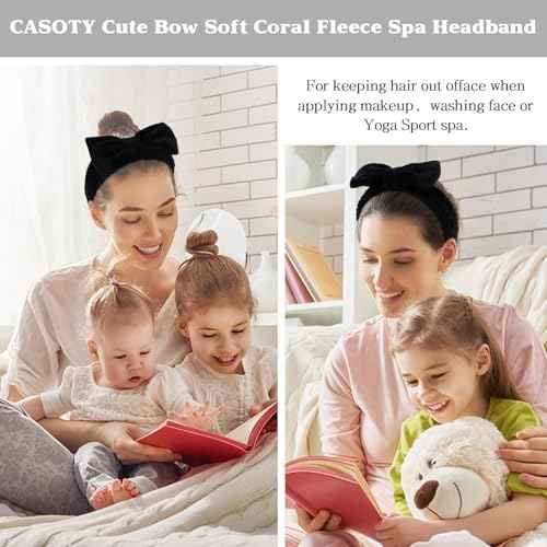 Casoty 12 Pcs Black Spa Headbands, Hair Holder for Washing Face, Soft Coral Fleece Facewash Headband, Bow Hair Bands, Skin Care Headband for Face Washing Shower Skin Care Yoga