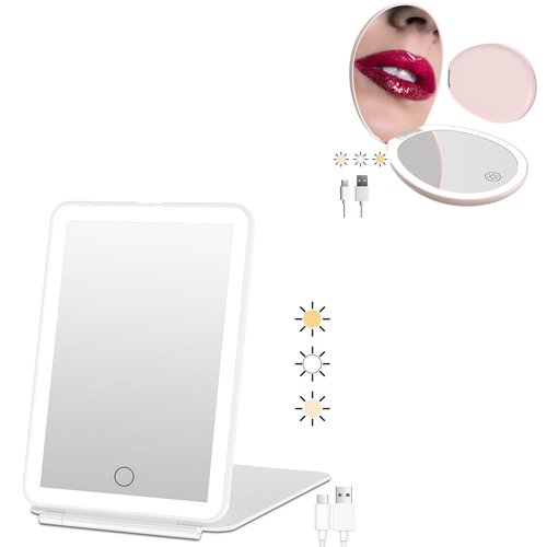 FUNTOUCH Travel Makeup Mirror with Led Lights, Portable Lighted Beauty Mirror, 3 Color Lighting, Dimmable Touch Screen, Tabletop LED Folding Cosmetic Vanity Mirror