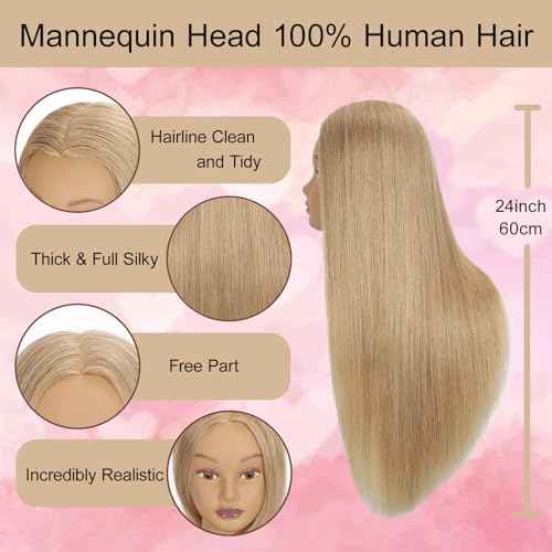 Mannequin Head Human Hair 24" 100% Human Hair Mannequin Head£¬Cosmetology Mannequin Head Doll Head for Hair Styling Hairdresser Manikin Head with Free Clamp Holder(Blonde)