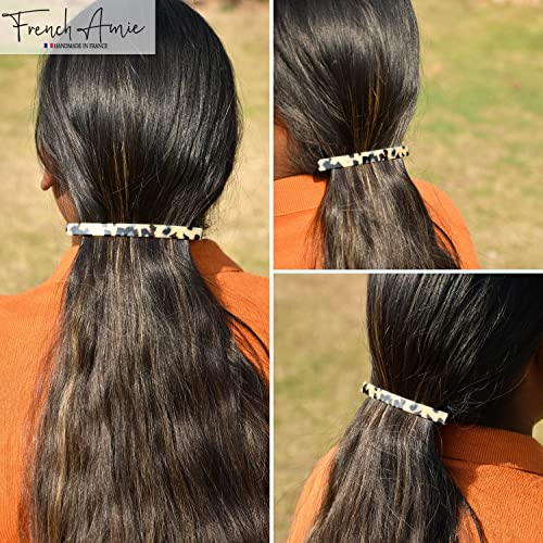 French Amie Long and Skinny Bar White Tokyo Large 4 1/4" Celluloid Acetate Handmade Automatic Hair Clip Barrette with No Slip Sturdy Silver Clasp for Women and Girls, Made in France (White Tokyo)