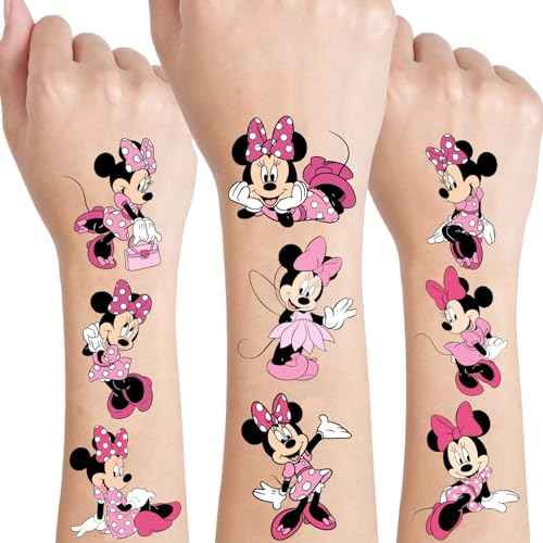 Minnie Birthday Party Supplies, 34Pcs Temporary Tattoos Party Favors, Removable Tattoo Stickers for Goody Bag Treat Bag Stuff for Mouse Birthday Party Decoration