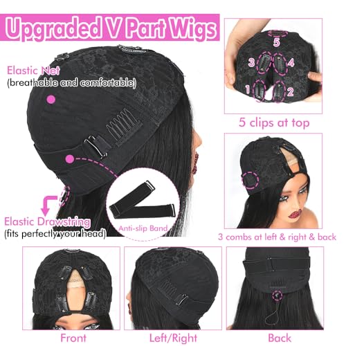 CHEETAHBEAUTY V Part Wigs Human Hair Straight V Shape Wigs for Black Women Upgrade U Part Wigs No Leave Out No Sew In No Glue Clip in Half Wigs 180% Density Natural Black 10Inch