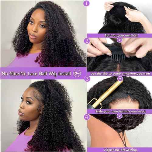 Half Wig Human Hair Jerry Curly Half Wig 200% Density Wear And Go Glueless Wigs Human Hair 3 In 1 Half Wigs With Drawstring Seamless Flip Headband Wig For Women 24Inch