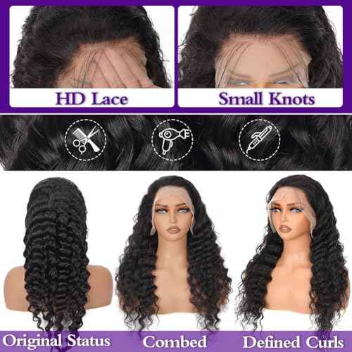 Durya Deep Wave Lace Front Wigs Human Hair 220% Density 13x4 HD Transparent Lace Deep Wave Frontal Wigs Human Hair Wig 22 Inch Deep Wave Wig Human Hair for Women