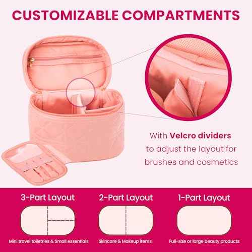 NESTORO Travel Toiletry Makeup Bag with Jewelry Case, Gift for Women, Pink Quilted PU Leather