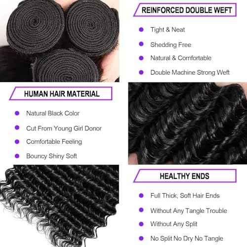 12A Brazilian Deep Wave Human Hair 3 Bundles 10 12 14 Inch 100% Unprocessed Brazilian Virgin Human Hair Weave Bundles Curly Wave Hair Extensions Natural Color