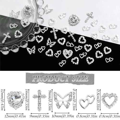 42PCS Silver Nail Charms Crystal Heart Nail Charms 3D Alloy Cross Nail Charms Metal Butterfly Charms Nail Gems Rhinestones for Women Nail Art and DIY Crafts, Small
