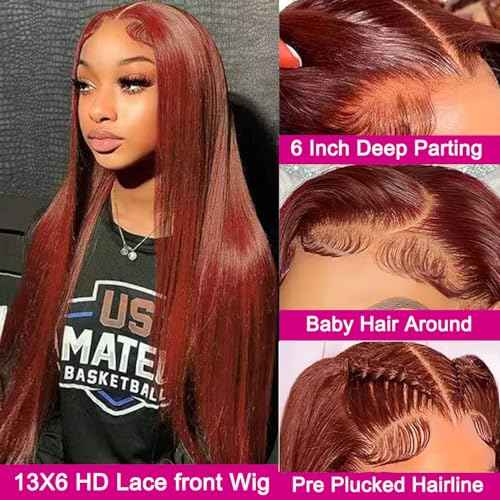 30 Inch 13x6 Reddish Brown Lace Front Wigs Human Hair Pre Plucked Straight Wigs Human Hair 13x6 Hd Lace Frontal Wigs 180% Density 33b Colored Auburn Wig Glueless Reddish Brown Wig for Women