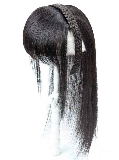 16" Women Human Hair Braided Headband Hairpiece Natural Looking Hairband Braids Human Hair Topper with Bangs Twist Braid Clip in Human Hair Extension Natural Black
