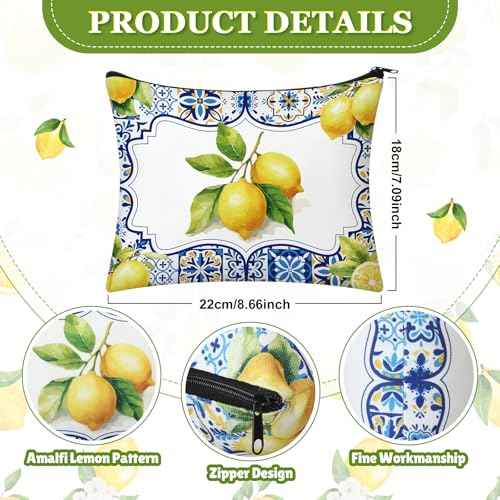 9 Pcs Amalfi Coast Cosmetic Bag Italy Lemons Canvas Makeup Bags Romantic Lemon Themed Travel Pouch Souvenir Gift for Women Girls Bachelorette Friend Birthday
