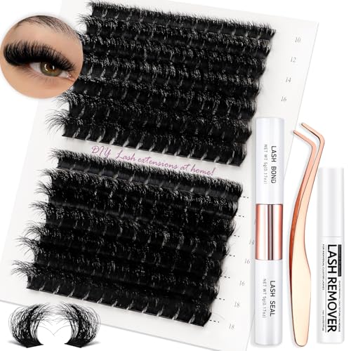 Fluffy Lash Extension Kit 182Pcs Thick Eyelash Extension Kit 10-18mm Volume Cluster Lashes Set with Bond and Seal Tweezers Cluster Remover (150D&200D Kit)