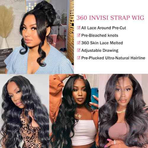 360 Lace Front Wigs Hman Hair Body Wave 360 Drawstring Human Hair Wig Glueless Pre Plucked HD Lace Pre-Bleached Knots Pre-Cut Natural Hairline (Natural Black, 18 inches)
