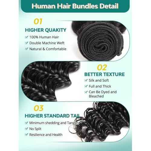 12A Deep Wave Human Hair Bundles 18 20 22 Inch Raw Curly Bundles Human Hair 100% Unprocessed 3 Bundles Brazilian Virgin Human Hair Extensions Quick Weave Natural Black Color