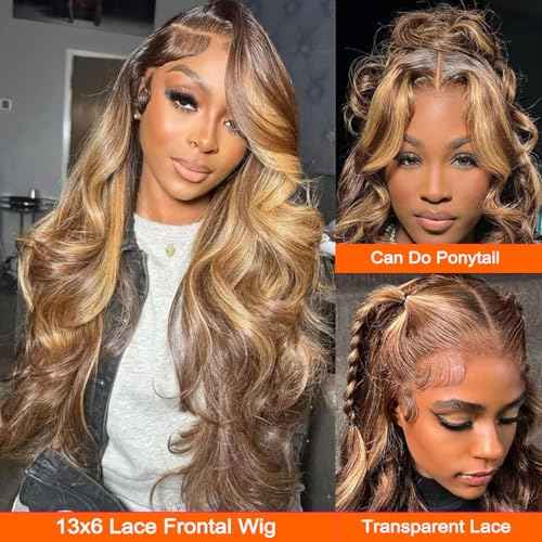13x6 Honey Blonde Highlight Wig Human Hair Ombre Lace Front Wig P4/27 Body Wave Highlight Lace Front Wig Glueless Pre Plucked Bleached Knots Hd Lace Frontal Wigs Colored 26 Inch 180% Density