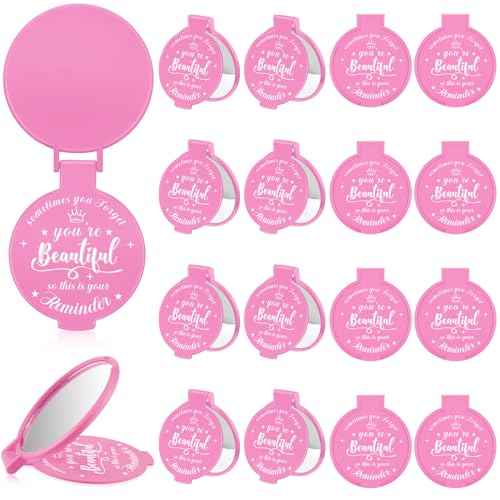 18 Pcs 2.76 Inch Inspirational Compact Mirror Bulk Party Favors Quinceanera Gift Purse Small Mirror Pocket Mini Gifts for Women Adult Coworker Halloween Christmas Friends (Pink)