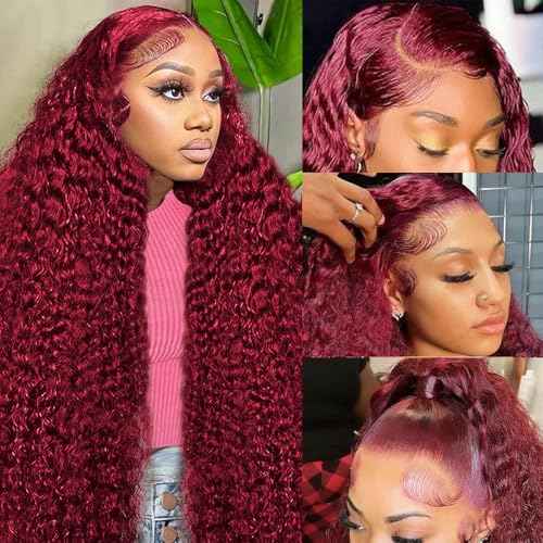99J Burgundy Deep Wave 13x6 Lace Front Wigs Human Hair 200% Density Lace Frontal Wigs Human Hair Pre Plucked 99j Burgundy Deep Curly Wave HD Lace Front Wigs for Women (24Inch)
