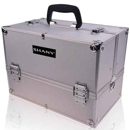 SHANY Essential Pro Makeup Train Case Cosmetic Box Portable Makeup Case Cosmetics Beauty Organizer Jewelry storage with Locks, Multi Compartments Makeup Box and Shoulder Strap - Silver