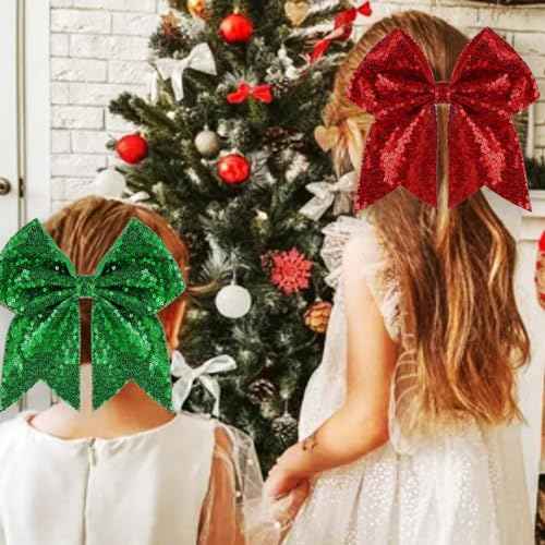 Large Big 7 Inch Glitter Bow Clip Sequin Bling Party Hair Accessories for Women Teens Girls Kids 2 Pcs (Red, Christmas Green)