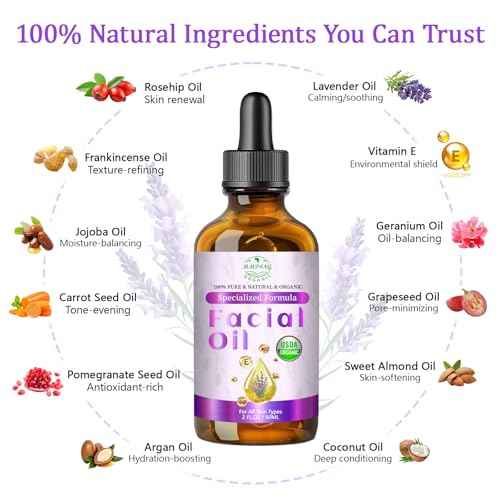 Rosehip Oil, Lavender Oil for Face, Facial Oils Blend Anti Aging with Frankincense & Pomegranate | Organic 100% Natural & Cold Pressed for Women Moisturizing, Brightening & Youthful Glow, 2 fl oz