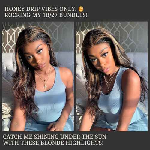 Highlight Honey Blonde Bundles Human Hair 16 Inch Body Wave Black and Blonde Balayage 1b/27 bundles 12A Brazilian Virgin Remy Hair Loose Wave Wavy Sew In Weave Ombre Single Bundle Piano Color P1b27