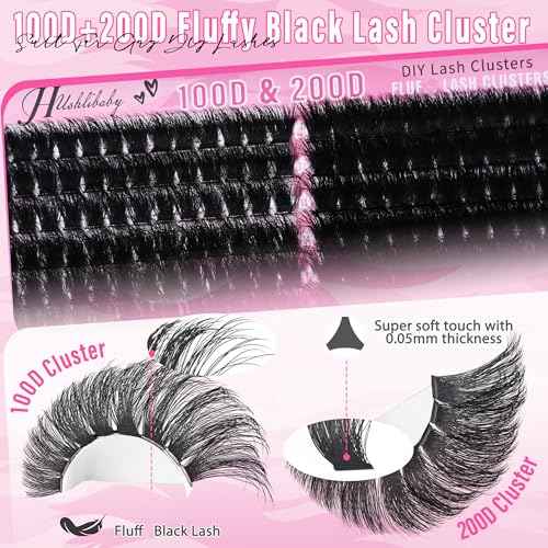 Lash Clusters 100D+200D Mega Thick Lashes Clusters 12-22mm Wispy Individual Thick Volume Lashes Cluster Eyelash Extensions 280Pcs DIY Lash Extension at Home, by Hushlibaby(Plant Fiber)