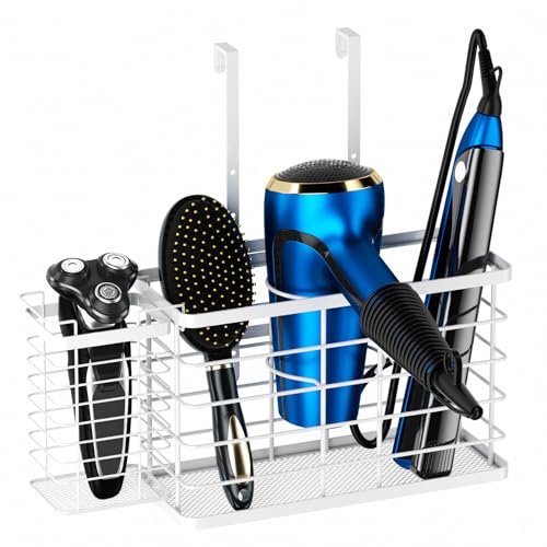 Hair Tool Organizer, Dryer Holder, 3 in 1 Blow Bathroom Organizer Wall Mounted/Cabinet Door for Flat Iron, Curling Straightener, Care & Styling Tools Storage Basket (White)