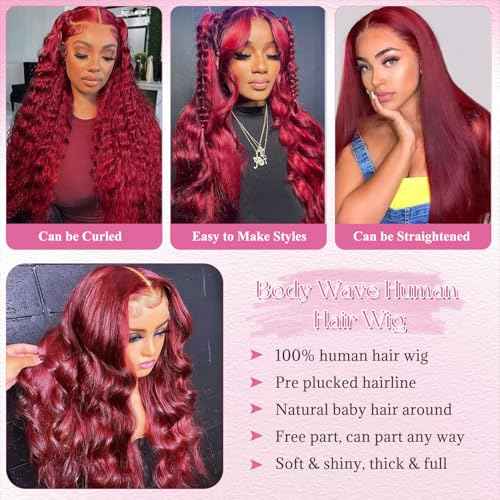 Benafee Burgundy Lace Front Wigs Human Hair 30 Inch Body Wave 99J Reddish Brown Human Hair Wig for Black Women 13x4 Long Free Part Curly Wine Red Lace Frontal Gluelss Wigs Pre Plucked Bleached Knots