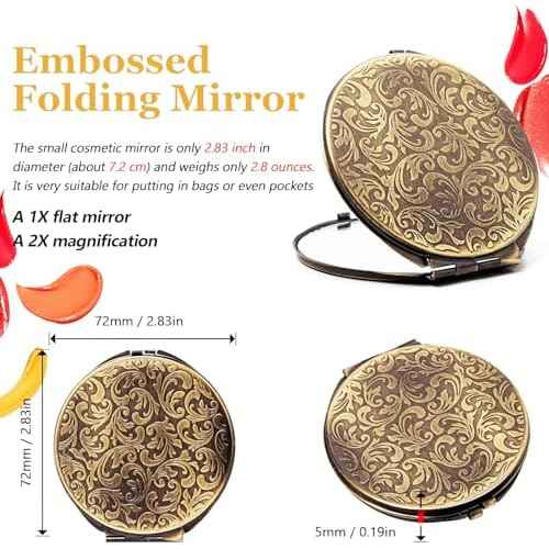 Retro metal compact travel mirror 1x/2x magnification compact portable foldable, used as a compact magnifying glass for wallets and pockets, distortion free folding portable compact mirror (bronze)