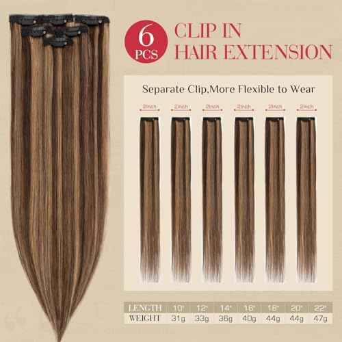 Rich Choices Real Human Hair Clip In Extensions-6 Pcs Single Clip Design-Invisible Clip in Extensions for Thin Hair-Hairpieces for Women/Men-22 Inches #2RP6 Chocolate Brown Highlight Light Brown