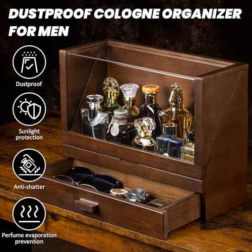 Miratino Cologne Organizer for Men, Wood Cologne Stand with Drawer, Large Capacity Cologne Shelf with Cologne Holder Display