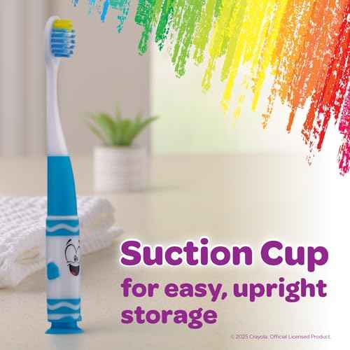 GUM Crayola Pip-Squeaks Kids' Manual Toothbrush, Extra Soft Bristle Toddler Toothbrush for Ages 3+, Suction Cup Base, 1 Count (Pack of 4)