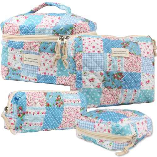 VIWIME Makeup Cosmetic Bag, Large Cotton Quilted Travel Coquette Aesthetic Cute Floral Make up Bag for Women Toiletry Bag Organizer (204- Gird Rose / 4Pcs)